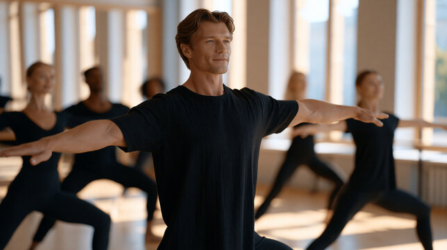 Dance instructor demonstrating a contemporary movement sequence in a mirrored studio to a small adult class, sprung wooden floor, barre along the wall, natural daylight from tall