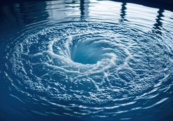 Obraz premium A powerful water vortex swirls in a deep blue pool, creating a dynamic spiral motion with bubbling white foam and clear fluid ripples, spray, whirlpool, abyss