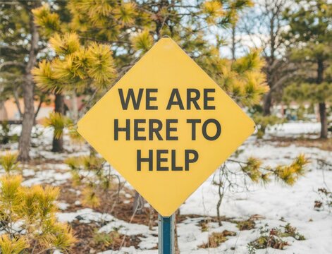 Yellow diamondshaped sign with the text we are here to help