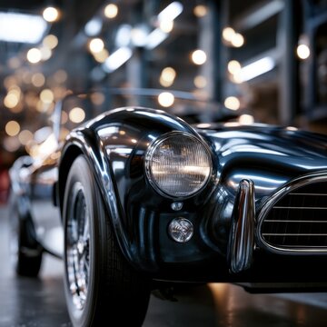 Shiny vintage sports car displayed indoors with polished curves and classic round headlights reflecting ambient lights and architectural details in background