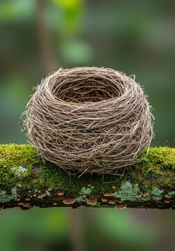 An empty twig nest resting on a mossy horizontal branch against a blurred natural background, showing intricate textures of wood and straw, tree, moss, light