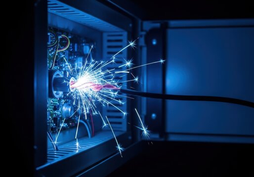 Intense bright blue sparks fly from a frayed wire inside an open metal electrical panel, highlighting high voltage danger and power failure, cable, wiring, flash