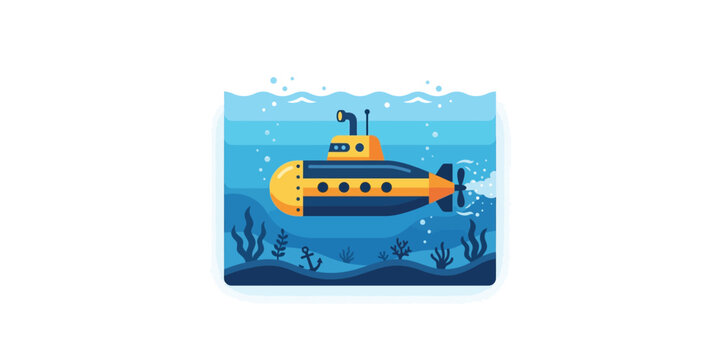 Flat vector illustration of a yellow and blue submarine traveling underwater.