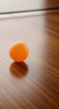 A bright orange pingpong ball rests on the wooden surface of a professional table tennis setup, ready for competitive play, court, Pingpong, wood
