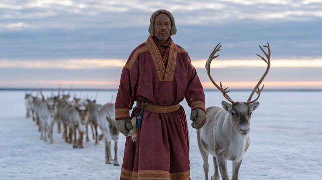 Sami reindeer herder in traditional clothing crossing frozen lake with small herd at dawn tracking device in gloved hand breath visible in cold air overcast dramatic sky vast