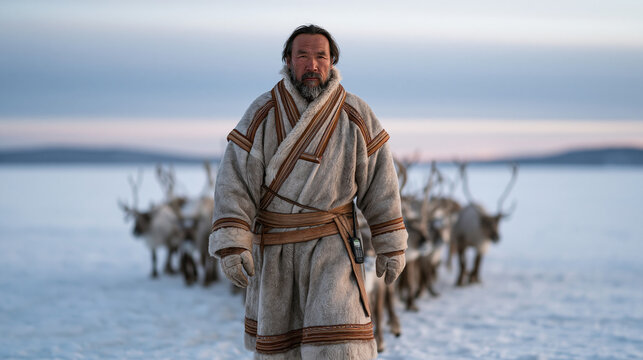 Sami reindeer herder in traditional clothing crossing frozen lake with small herd at dawn tracking device in gloved hand breath visible in cold air overcast dramatic sky vast