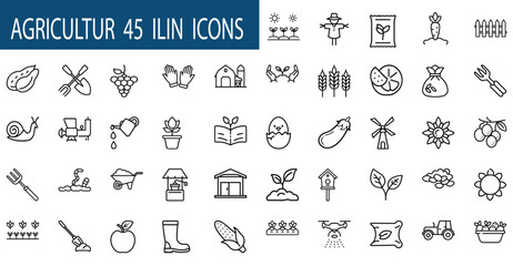 Rural cultivation outline symbols set with agriculture harvest, organic farming, garden tool, wheat, tractor, barn & more vector illustration with editable stroke. © Purnorup Dream IT 