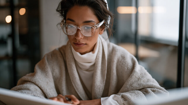 Usability tester wearing an eye tracking headset interacting with a touchscreen interface in a research facility, UX study, human computer interaction lab, behavioral research,