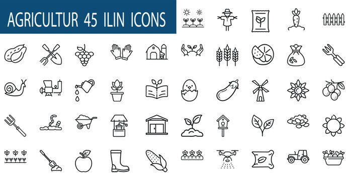 Rural cultivation outline symbols set with agriculture harvest, organic farming, garden tool, wheat, tractor, barn & more vector illustration with editable stroke.
