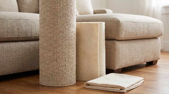 Rolled rug and folded underlay mat on wooden floor near sofa
