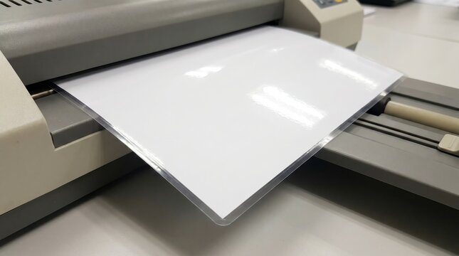 Blank white paper going through office lamination machine