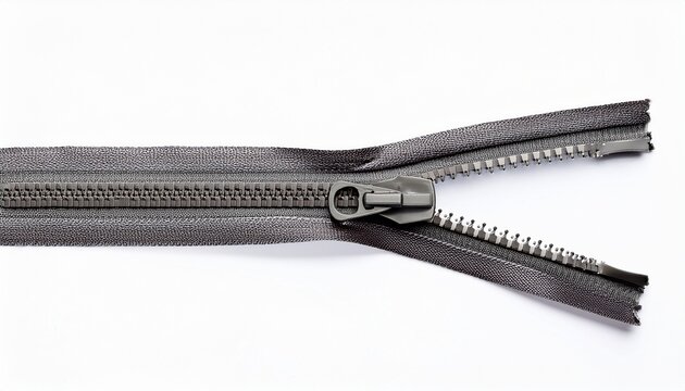 a partially open gray zipper on a white background view