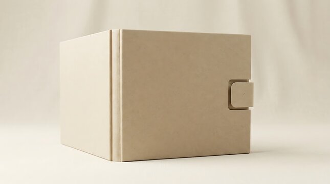 Closed beige cardboard box with a small tab lock mechanism on a light neutral fabric background