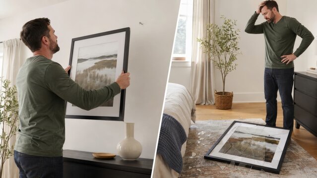 Weak hook and heavy picture crash in bedroom interior