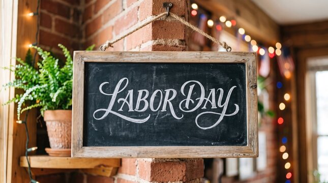 Chalkboard sign with elegant cursive handwriting displaying labor day text hanging indoor.