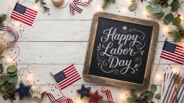 Happy labor day chalkboard sign surrounded by american flags and festive holiday ornaments.