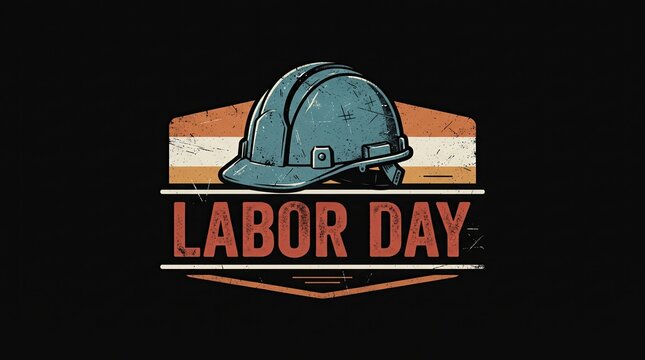 Labor day concept with vintage hard hat on striped background on black.