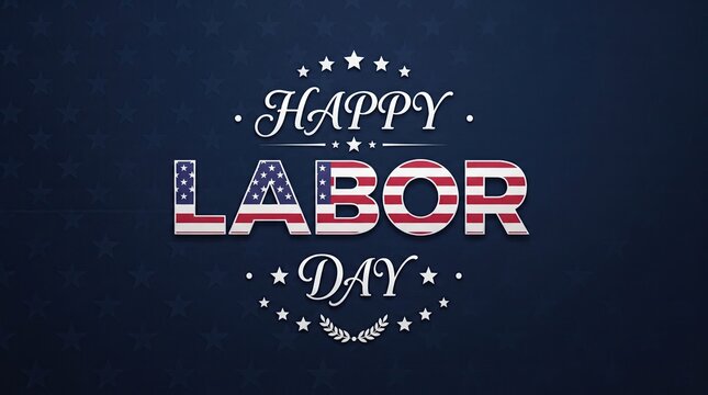 Happy labor day text with american flag pattern and stars on blue background.