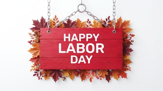 Red wooden sign hanging with chains and autumn leaves border for festive happy labor day ad.