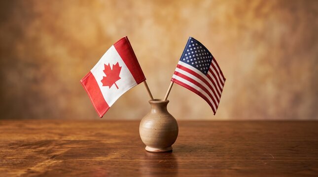 Small canadian and american flags standing together in ceramic vase on wooden table surface.