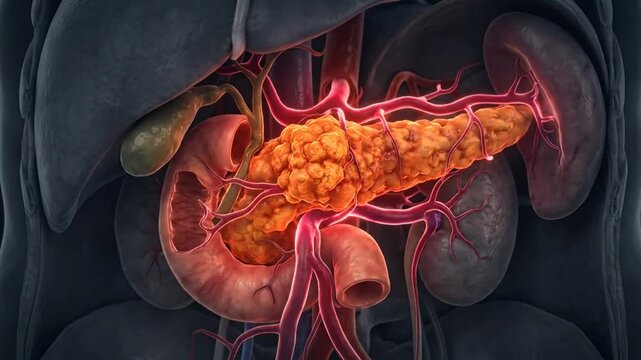 Detailed visualization of pancreatic function highlighting inflammation and disease processes in the human body