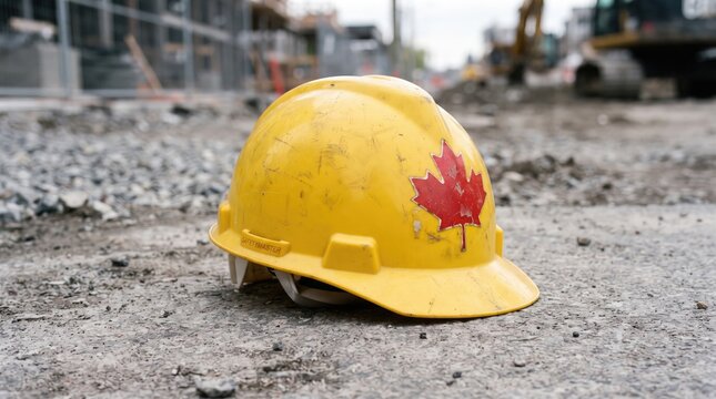 Yellow hard hat with canadian maple leaf symbol resting on gravel at construction site area.