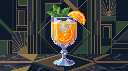 Fresh orange juice presented in luxurious stemmed glass, garnished with orange slices, mint leaves, crystal ice, elegant serving table, realistic vector illustration, dark background. © saeideh