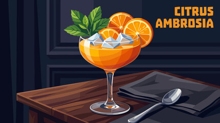 Fresh orange juice presented in luxurious stemmed glass, garnished with orange slices, mint leaves, crystal ice, elegant serving table, realistic vector illustration, dark background. © saeideh