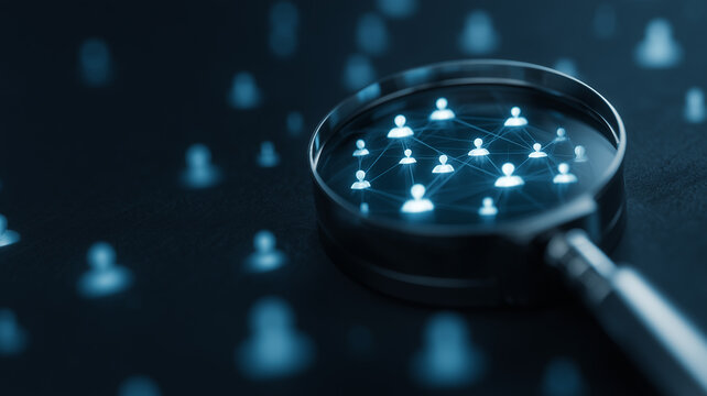 A magnifying glass examines interconnected people icons, representing professional network analysis, recruitment research, customer segmentation and valuable business relationships.
