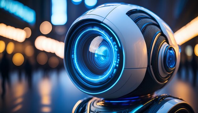 close up of a futuristic robot camera lens with a blue glowing ring on a city street at night advanced technology concept