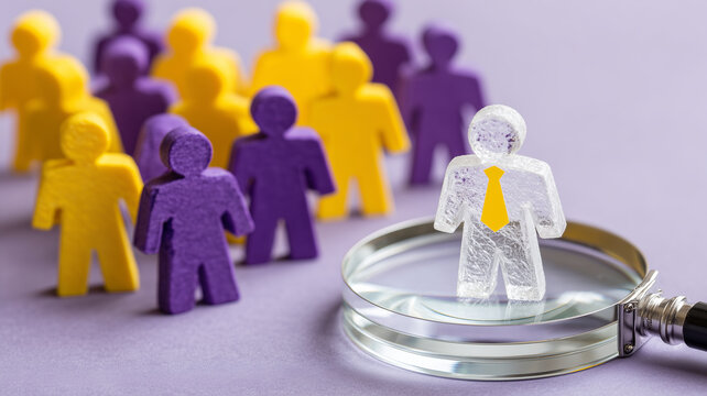 A magnifying glass isolates a business leader from a diverse crowd, representing executive recruitment, talent identification, candidate selection and strategic workforce development.

