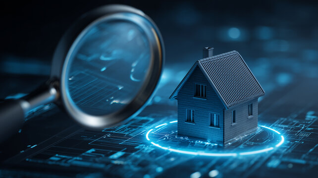 A magnifying glass examines a house on a digital property platform, representing real estate inspection, home valuation, investment research and informed purchasing decisions.
