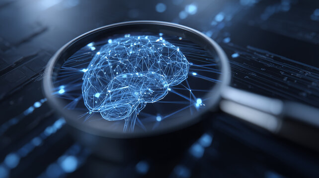 A magnifying glass enlarges a connected digital brain on a technological interface, representing artificial intelligence research, neural analysis, cognitive computing and advanced data processing.
