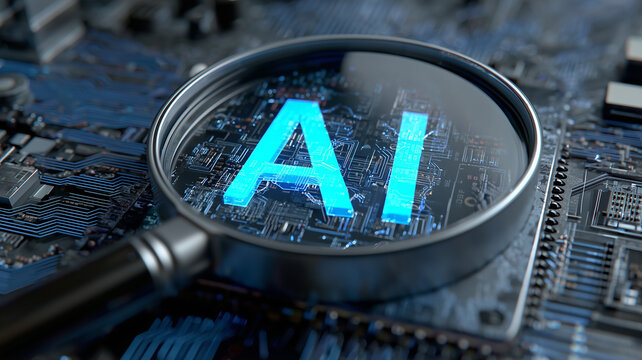 A magnifying glass enlarges AI lettering above electronic circuitry, representing artificial intelligence analysis, technology auditing, machine learning oversight and responsible digital innovation.
