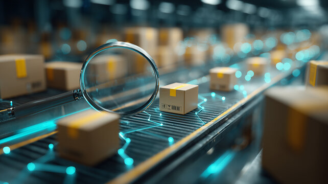 A magnifying glass inspects a package moving along a conveyor belt, representing quality control, shipment tracking, warehouse automation and efficient supply chain operations.
