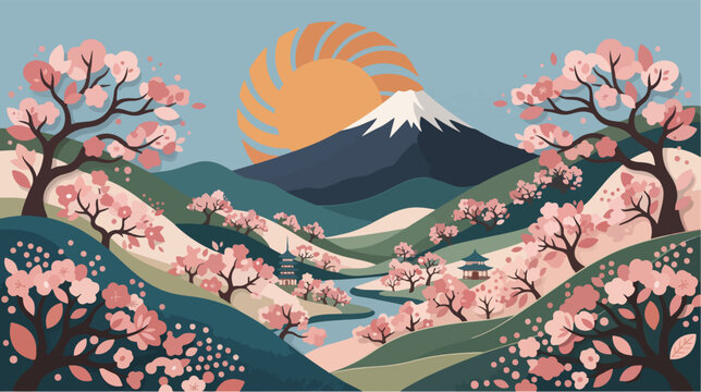 Stylized vector illustration of mount fuji featuring blooming cherry blossom trees and a vibrant orange sun in japanese landscape style