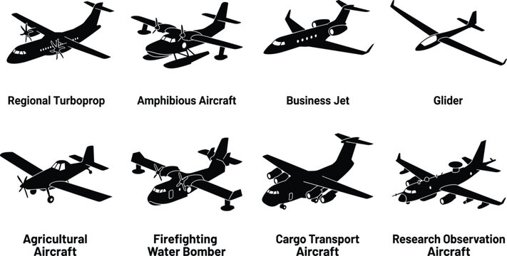 Specialized Aircraft Silhouette Collection Featuring Business Cargo Agricultural and Utility Airplane Vector Icons