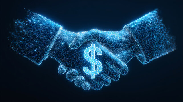 A digital handshake with a dollar symbol at its center, symbolizing financial agreements, business partnerships, secure transactions, and technology driven commerce.
