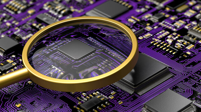 A microchip enlarged by a magnifying glass among circuit board components, symbolizing semiconductor inspection, processor testing, electronic diagnostics, and manufacturing quality control.

