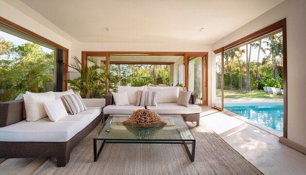 airy living room with outdoor pool white sofas and glass coffee table natural light tropical home florida