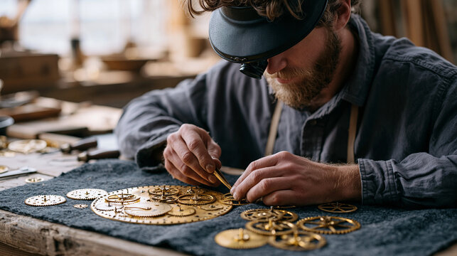 Clock restoration specialist with magnifying visor carefully reassembling intricate brass gearwork on antique mantel timepiece spread across felt workbench, delicate tweezers in