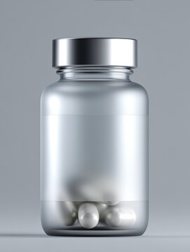 Blank frosted glass pill bottle with a shiny silver metallic cap containing white medical capsules inside, isolated on a grey background, product mockup packaging design concept