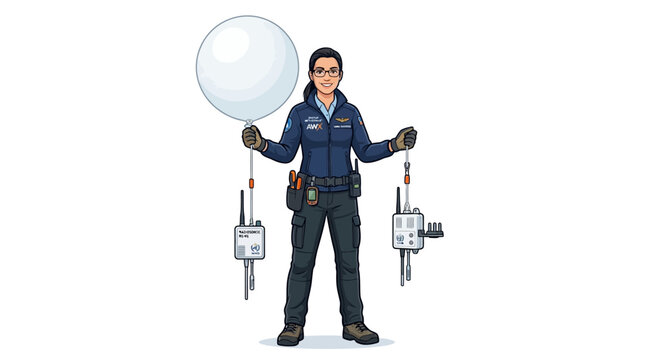 Female Meteorologist with Weather Balloon and Radiosondes Illustration