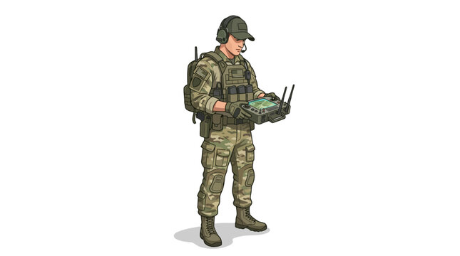 Military Soldier Operating Tactical Drone Controller Vector