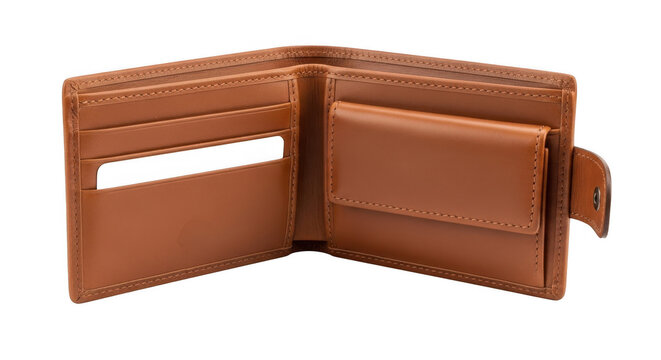 Open brown leather wallet object isolated on transparent background