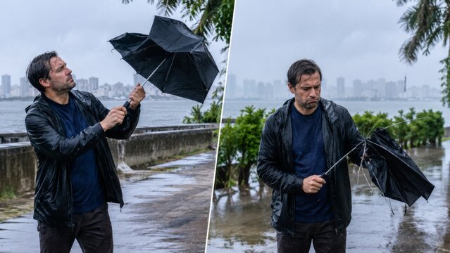 Flimsy umbrella flips inside out in windy rain
