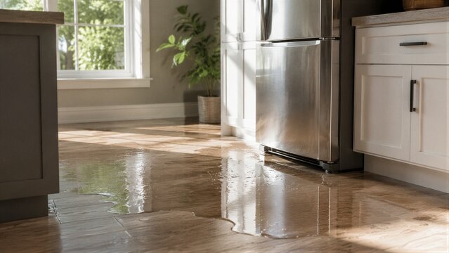 Kitchen floor with water pooling near stainless refrigerator