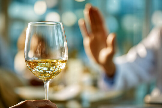 Person refusing to drink white wine with a hand gesture in a bright social setting emphasizing choice and sobriety awareness