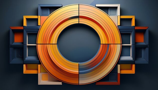 minimalist geometric composition featuring symmetrical rectangular blocks and central oval shape on dark background