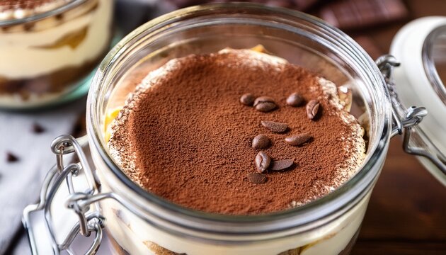 layered tiramisu dessert in glass jar with creamy mascarpone chocolate shavings cocoa powder and coffee soaked cake creating rich and indulgent treat